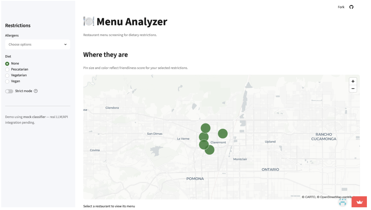 Prototype 1 — Claremont Village menu analyzer map