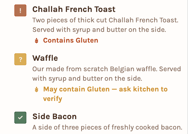 Screenshot of Prototype 2 — menu and allergen flag card